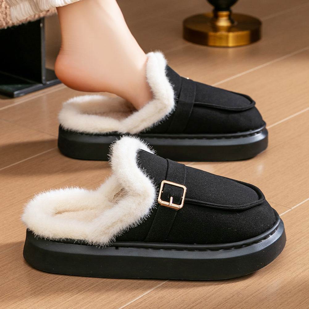House Slippers For Women Suede Platform Metal buckle Design Furry Winter Home Shoes Indoor