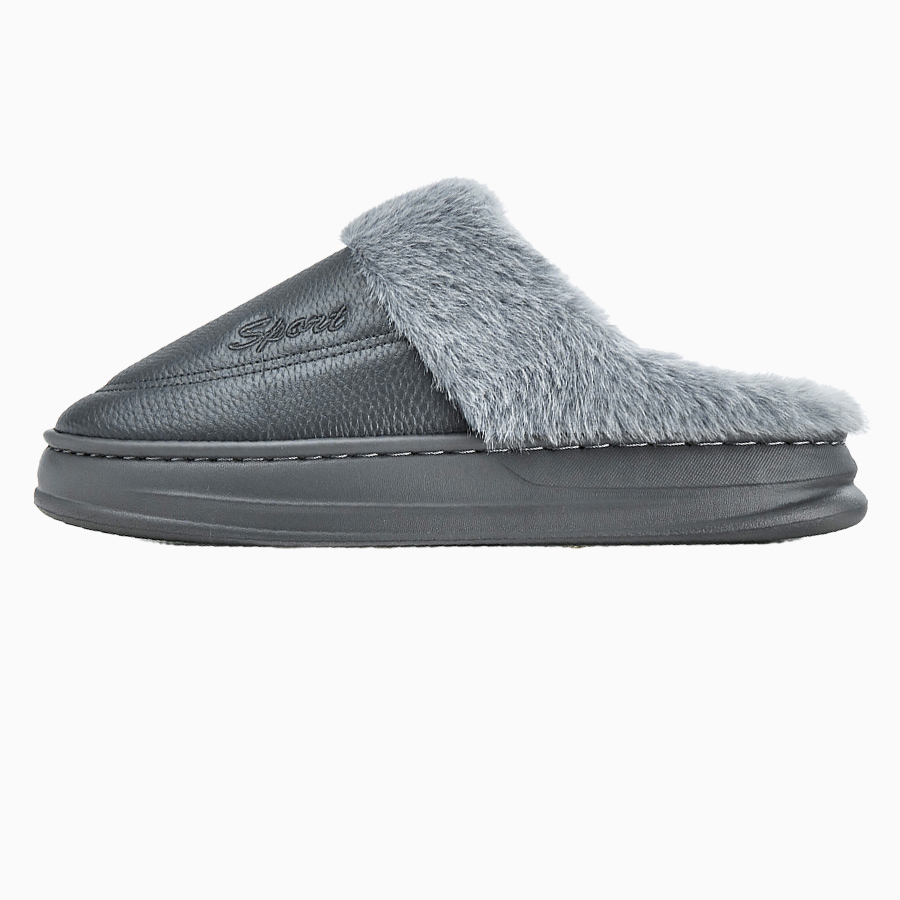 Leather Slippers for Men with Faux Fur Collar