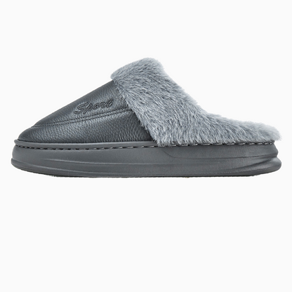 Leather Slippers for Men with Faux Fur Collar