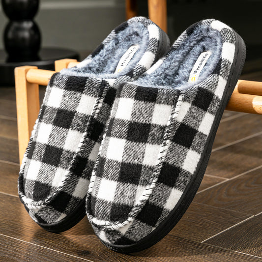 House Slippers For Men Women Woolen Plaid Stripe Warm Winter Home Shoes