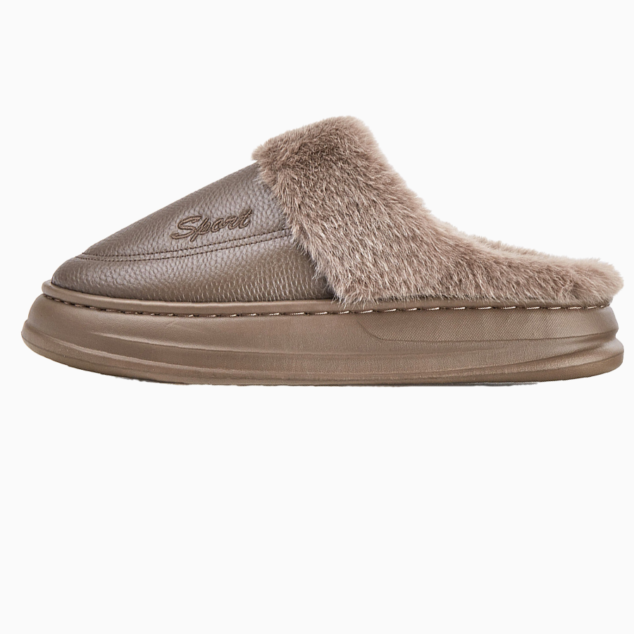 Leather Slippers for Men with Faux Fur Collar
