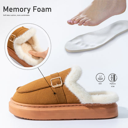 House Slippers For Women Suede Platform Metal buckle Design Furry Winter Home Shoes Indoor
