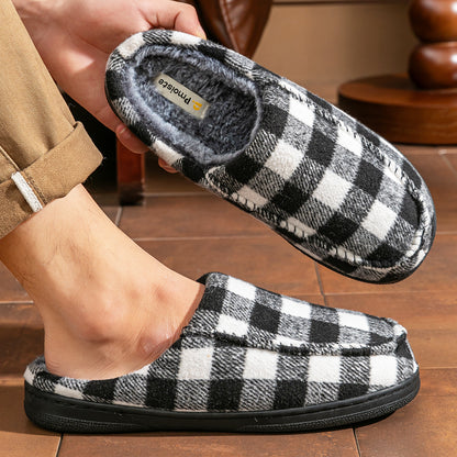House Slippers For Men Women Woolen Plaid Stripe Warm Winter Home Shoes