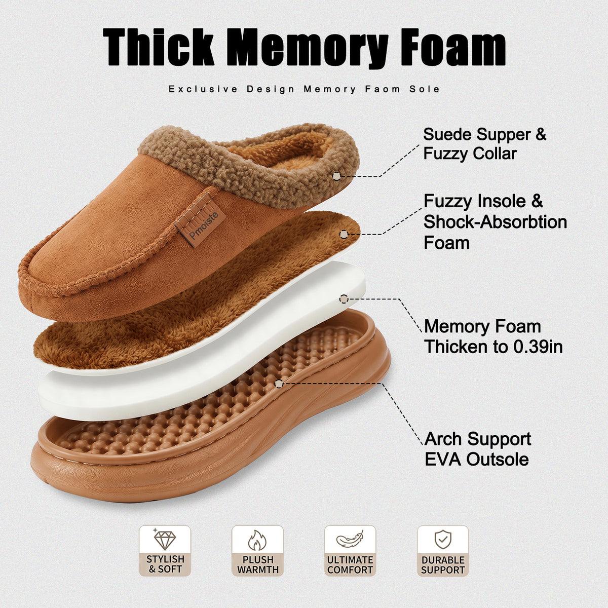 Men House Slippers Comfy Arch Support Suede Fuzzy Winter Warm Platform Bedroom Shoes