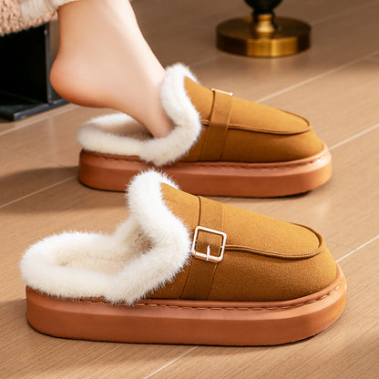 House Slippers For Women Suede Platform Metal buckle Design Furry Winter Home Shoes Indoor