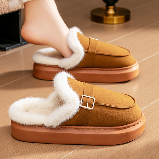 House Slippers For Women Suede Platform Metal buckle Design Furry Winter Home Shoes Indoor