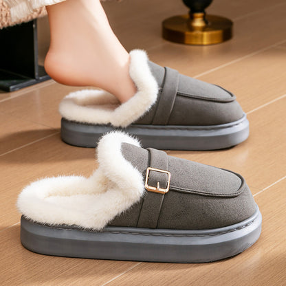 House Slippers For Women Suede Platform Metal buckle Design Furry Winter Home Shoes Indoor