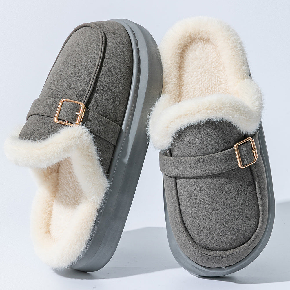 House Slippers For Women Suede Platform Metal buckle Design Furry Winter Home Shoes Indoor