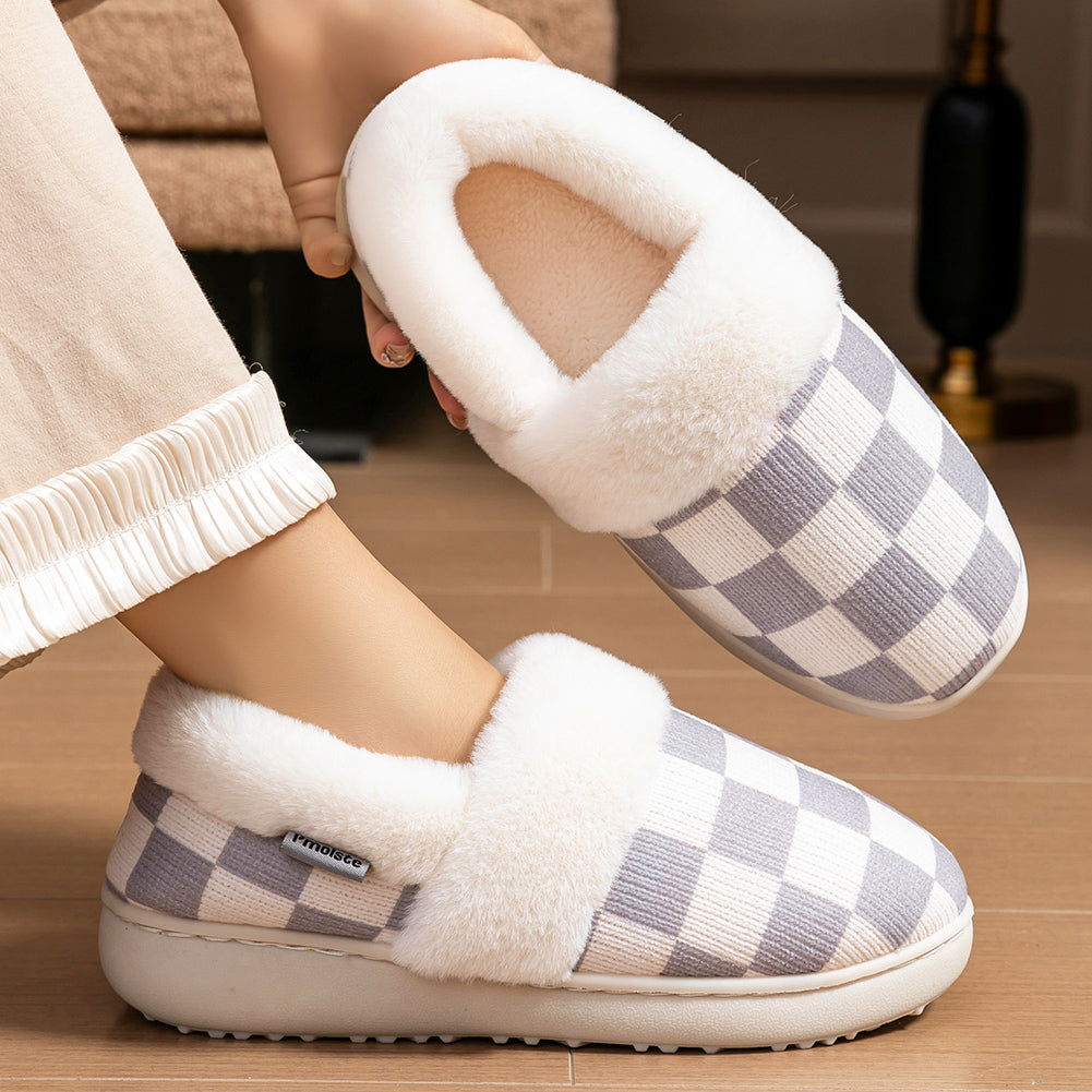 House Boots Slippers For Women Knitted Plaid Design Winter Home Shoes Warm