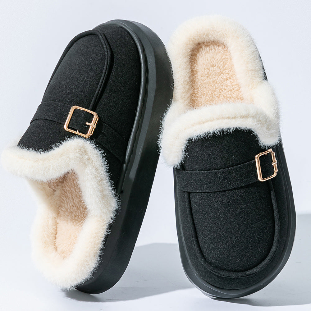 House Slippers For Women Suede Platform Metal buckle Design Furry Winter Home Shoes Indoor