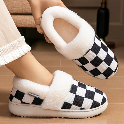 House Boots Slippers For Women Knitted Plaid Design Winter Home Shoes Warm