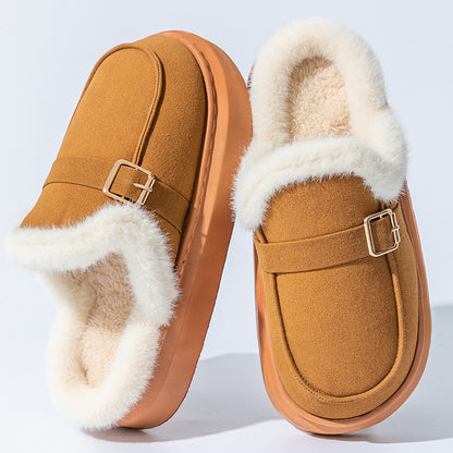 House Slippers For Women Suede Platform Metal buckle Design Furry Winter Home Shoes Indoor